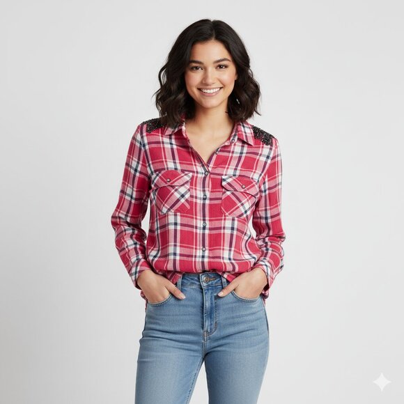 Guess Tops - Guess Red Plaid Button Down Shirt with Embellished Shoulders